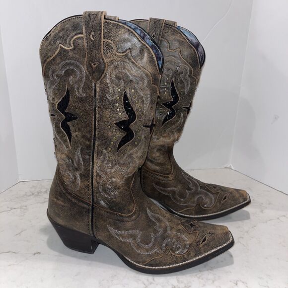 Laredo Shoes - Laredo Boots Womens 8 M Lucretia Stud Brown Leather Western Embroidered Snip Toe